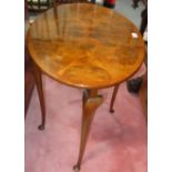 A burr walnut and mahogany drop leaf table, of small proportions,