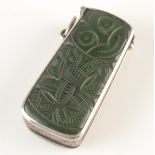 A rare New Zealand silver greenstone vesta case, carved with a Tiki to the front,
