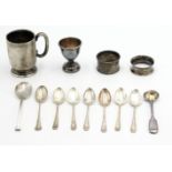 A set of six silver coffee spoons, three other silver spoons, together with two silver napkin rings,