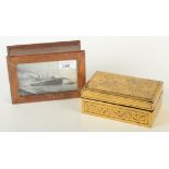 An oak cigarette box and cover, with inset photograph of Titanic and inscribed 'SS Titanic',