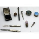 Two silver bladed folding fruit knives, propelling pencils etc.