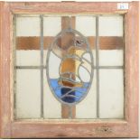 A stained glass window depicting a ship, 48.5 x 47.5cm.