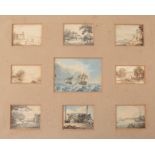 A panel of nine miniature watercolours related to shipping and rural scenes, plus two oil on boards.