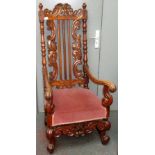 A 19th century walnut Jacobean style open armchair,