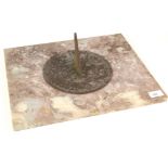 A circular anodised metal sundial, inscribed 'At The Shadow Fall', diameter 20cm,