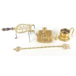 A Victorian lyre shaped trivet, height 31cm, two candle holders and a toasting fork.
