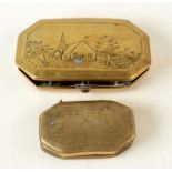 A Dutch brass stamp box, 19th century, width 11cm and a Dutch tobacco box, 18th century, width 7.