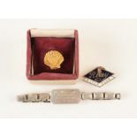 A Riley Motor Club badge, a silver identity bracelet and a 9ct gold BP Shell pin, set a diamond.