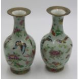 A pair of Chinese Canton celadon baluster vases, 19th century, decorated with birds,
