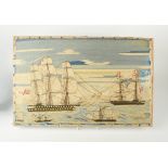 A fine mid 19th century woolwork panel showing a warship and other shipping.
