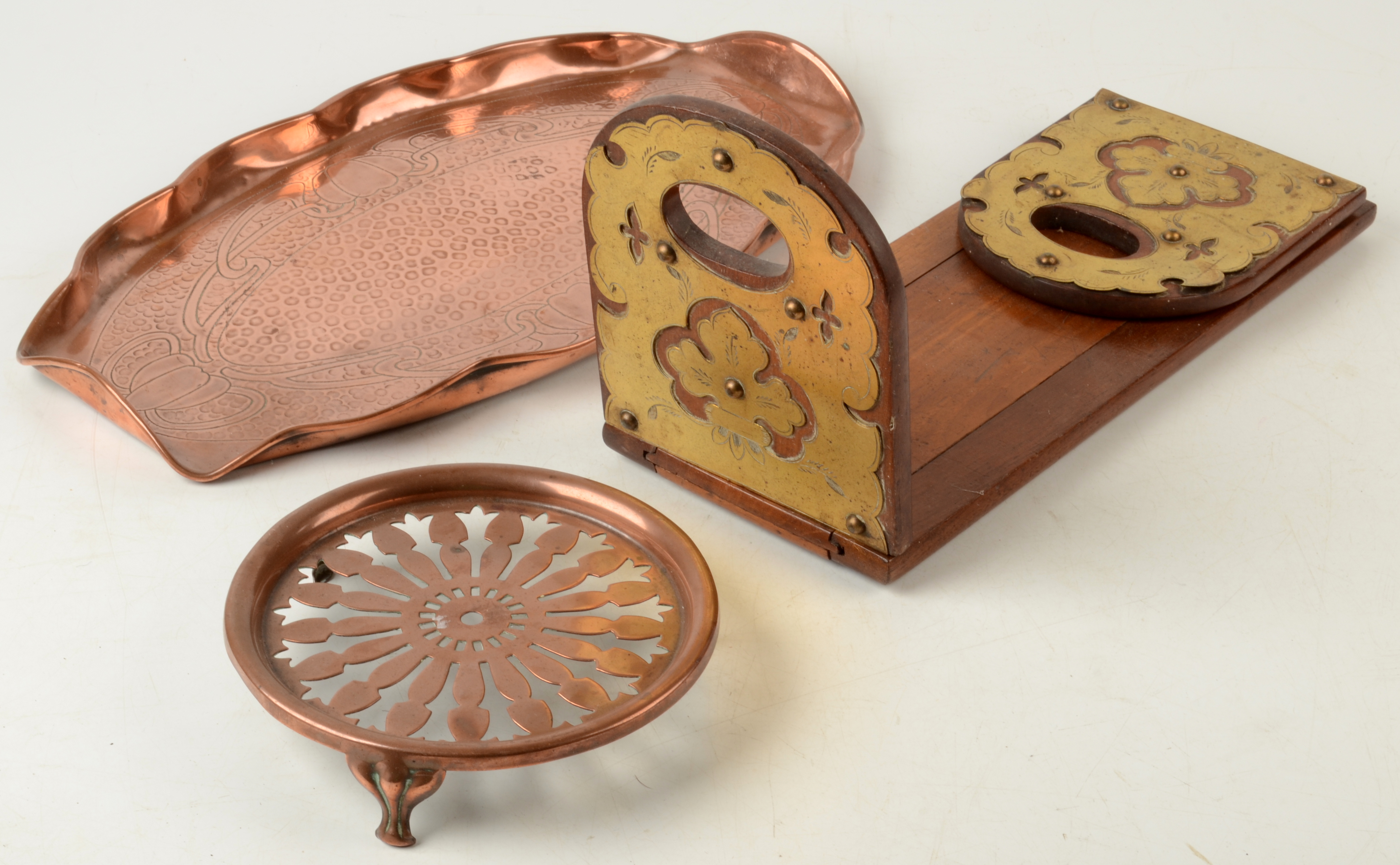 A Victorian mahogany brass bound bookslide, a copper tray, length 37cm and a copper stand.