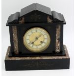A Victorian black slate and marble mantle clock, height 29cm, width 30.5cm.