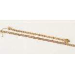 A three colour 9ct gold plaited necklace and a 9ct gold curb link bracelet with padlock clasp, 24g.