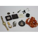 Costume jewellery etc, including an Irish bog oak box and a jet and shell carved cameo pendant.