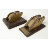 Two Trench Art models of brass tanks, one with a plaque inscribed Peronne.