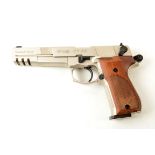 A Walther CP88 6 inch competition CO2 air pistol, nickel with wood grips, length 23.5cm.