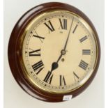 A mahogany fusee wall clock, early 20th century, the white painted 29cm dial with roman numerals,