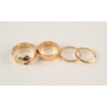 A 9ct gold buckle ring, 6.5g, two other gold rings, 2.9g and an 18ct gold plain band, 4.8g.