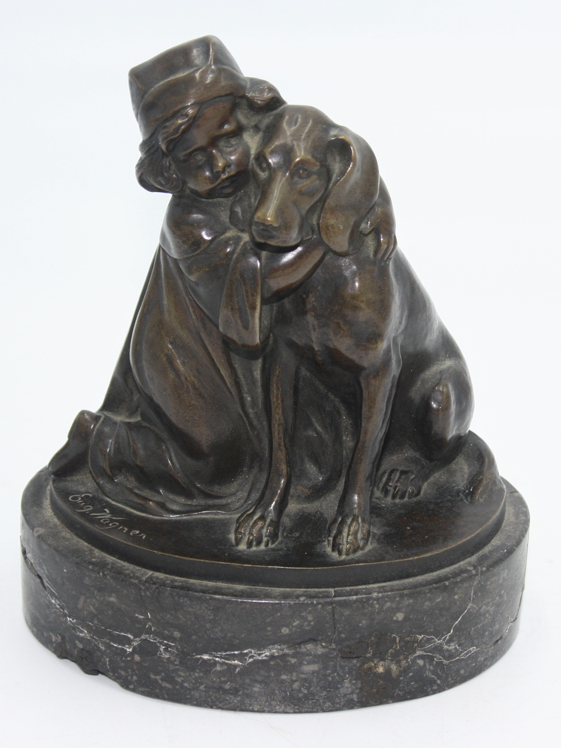 A Eugene Wagner bronze group of a girl and dog, late 19th century, height 19.5cm, width 16cm.