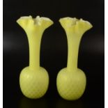 A pair of Victorian satin lime glass quilted overlay vases, height 33cm.