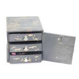 A Japanese black lacquer kodansu, Edo period, with single door enclosing three drawers,