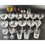 Various champagne coupes, other glasses and a Maling pink lustre cup and saucer.