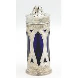 A silver sugar sifter by Henry Williamson Ltd with floral decoration and blue glass liner,