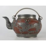A Chinese Yixing and pewter mounted teapot, with stylised dragons to the body and seal mark to base,