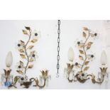 A pair of gilt metal and cut glass wall lights, each in the form of flowering plants, height 42cm,