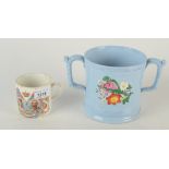 A Victorian blue pottery loving cup with two frogs inside, a farmer's arms loving cup,