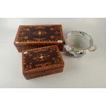 A Victorian inlaid rosewood writing slope, a matching work box and a Mason's chamber pot.