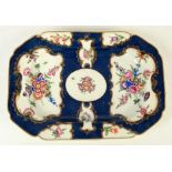 An 18th century Worcester scale blue ground rectangular shaped dish with botanical 29 x 20 cm.