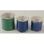 Two tin glazed trencher salts each with blue outer glaze and of cylindrical form together with a