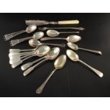 Various silver teaspoons, a silver pickle fork, 9.