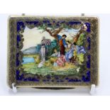 A continental engraved silver and enamel cigarette box, the lid showing a scene with a shepherdess.
