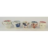 Five 18th century cups variously Worcester, Penningtons, Liverpool and New Hall.
