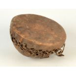 An African drum, with skin covered wooden body, diameter 21cm.