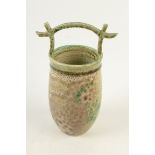 A Bruce Chivers Japanese handled vase, with speckled green glaze, impressed mark, height 18cm.