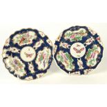 Two 18th century Worcester plates with scale blue ground and three panels of exotic birds,