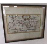 A framed coloured map, 'REI ROMANAE Tabula Geographica ex C.I.
