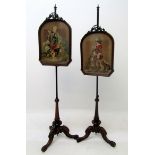 A pair of Victorian mahogany polescreens, each with a woolwork panel decorated with figures,