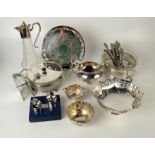 Miscellaneous silver plated items to include a claret jug, asparagus tongs, grape scissors etc.