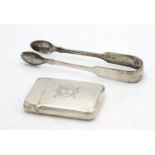 A Victorian plain cigarette case with hinged lid and a pair of Victorian Exeter silver sugar tongs,