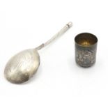 A Russian silver spoon, Kokoshnik marks, with chased decoration to the underside of the bowl,
