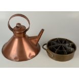 An Art Deco copper kettle of conical form, height 26cm and a heavy brass dish with metal insert.