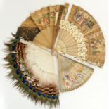 Four fans, early 20th century, three painted and one feather.