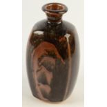 A John Leach studio pottery tenmoku glazed bottle vase, of rectangular section, height 22.