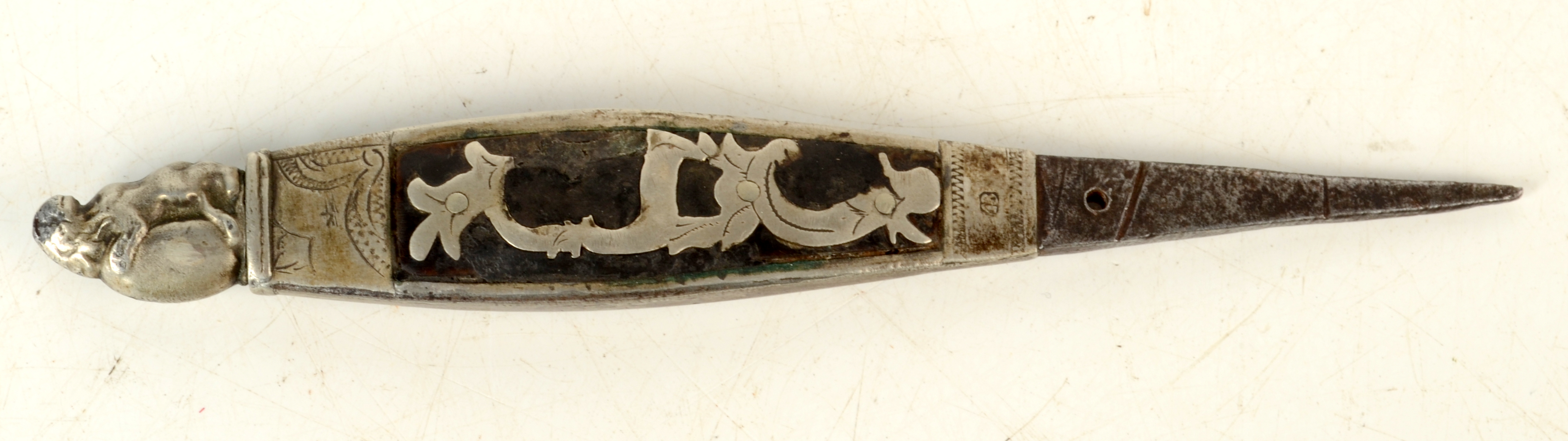 A 17th century marlin spike/sail needle, engraved JB, with a horn and white metal handle, length 13.
