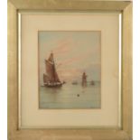 A watercolour of boats at sea, signed J F Branegan, framed and glazed, overall size 37 x 34cm,