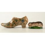 A porcelain leopard, 5.7cm and a mottle glazed model of a shoe, possible Scottish.